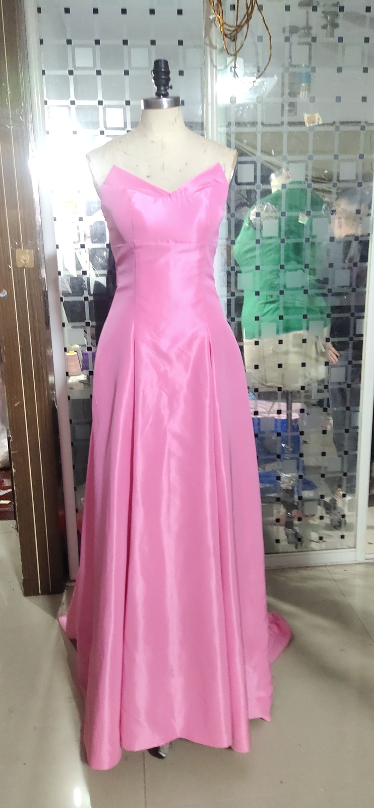 V Neck Sleeveless Taffeta Pink  Evening Dresses Simple Prom Dresses