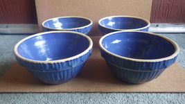 SET OF 4 ANTIQUE RUCKELS STONEWARE BLUE PICKET FENCE BOWLS WHITE HALL IL... - £106.23 GBP