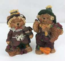 KE Lot Of 2 Autumn Thanksgiving Apple Picking Teddy Bear 5.75&quot; Resin Fig... - $11.63