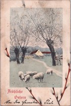 ZAYIX Happy Easter Frohliche Ostern Sheep in Pasture Pussy Willow Farm c1910 - £9.41 GBP