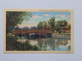 Vintage Linen Postcard Fond Du Lac Wisconsin Rustic Bridge Lakeside Park WI - £4.63 GBP