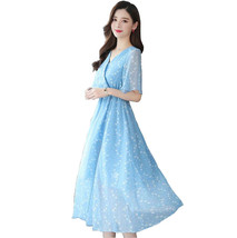 Romantic chiffon printed sky blue holiday wrap dress summer tea dress - £25.68 GBP