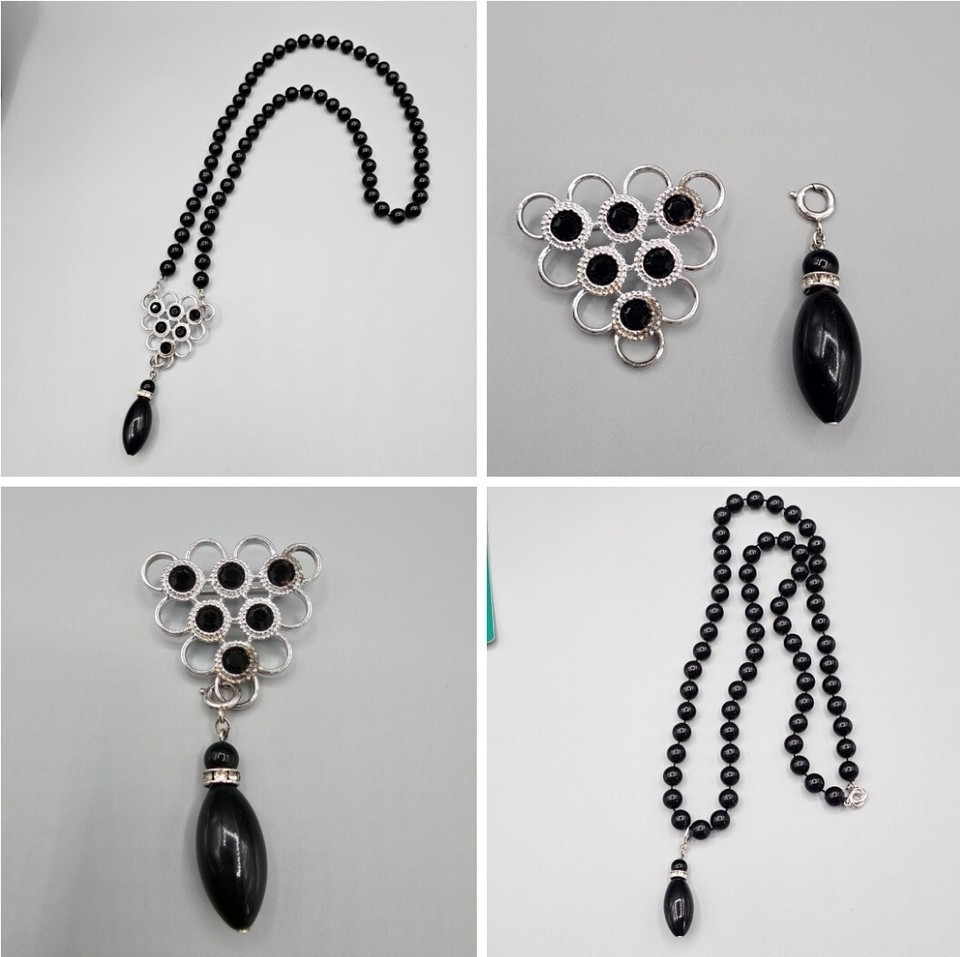 Vtg Sarah Coventry Convertible Necklace Brooch Black Silver Tone Beaded - $29.99