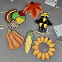 Thanksgiving Harvest Wood Ornament Set/6 Turkey Sunflower Crow Corn Leaf Squash - $12.95