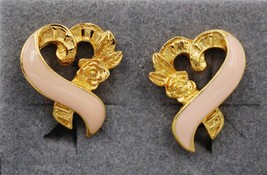 Vintage Avon Goldtone Rose Pink Enamel Heart Awareness Ribbon Clip-On Earrings - £11.76 GBP