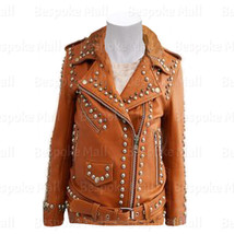 New Women Brando Style Tan Full Silver Studded Unique Zipper Leather Jac... - £193.75 GBP+