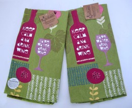Set/2 NWT Kitchen Towels by kayDee Designs Keep Calm Drink Wine Green Pink Retro - £12.50 GBP