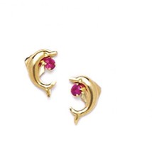 14K Solid Yellow Gold Ruby July Birthstone Dolphin Stud Earrings Screw ER-S373-7 - £26.65 GBP