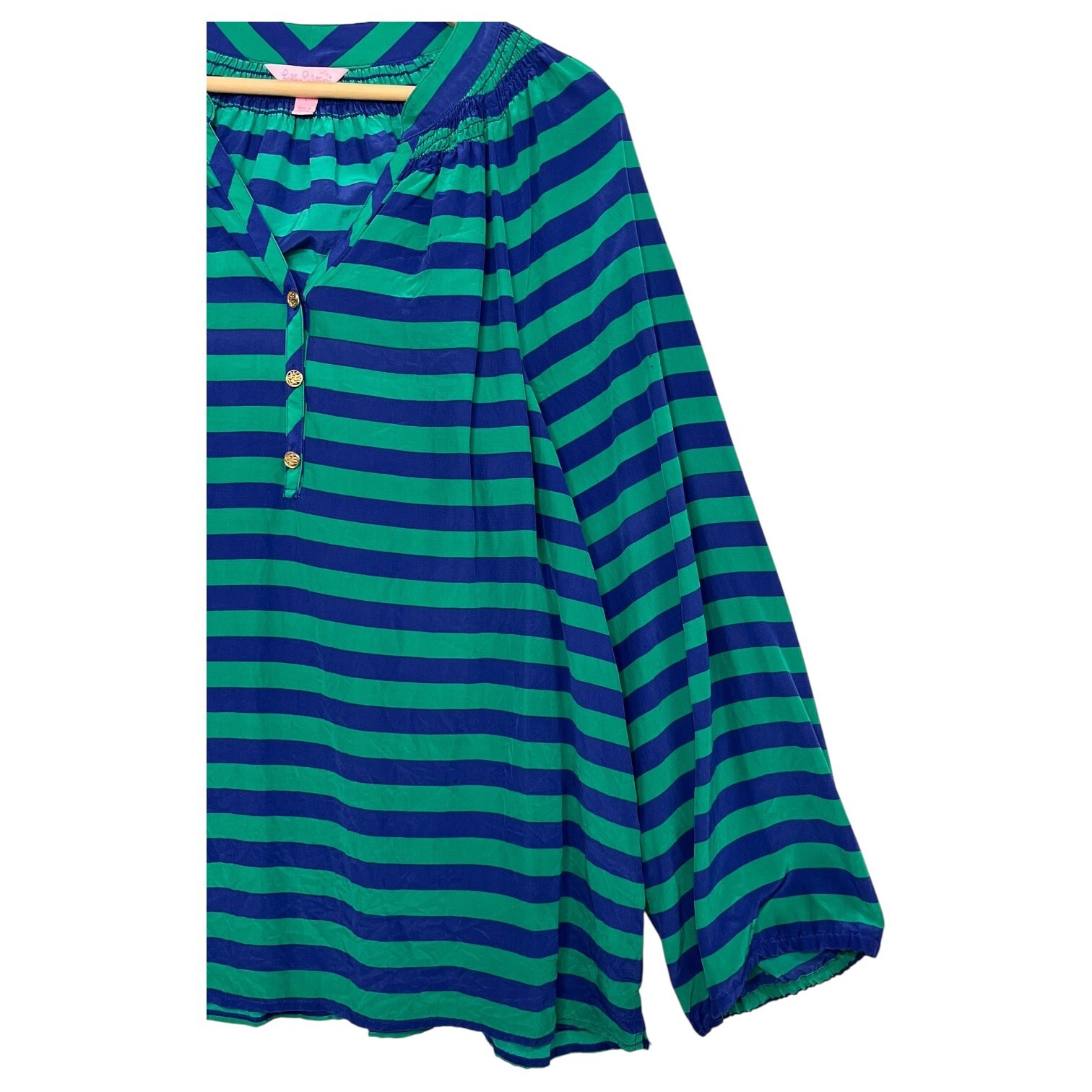 Lilly Pulitzer Top Womens Large Green Blue Silk Stripe Smocked Boho Blouse Item image 11