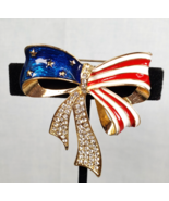 Red White &amp; Blue Enamel Striped Gold Bow Rhinestones and Gold Stars Brooch - $327.89 MXN