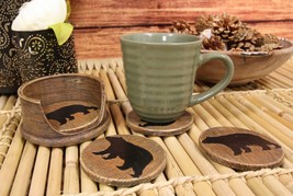 Faux Wood Rustic Forest Black Bear Coaster Holder With 4 Round Coasters Set - £21.54 GBP