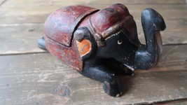 Antique Wood Elephant Trinket Box Hand Painted 9&quot; - £79.37 GBP