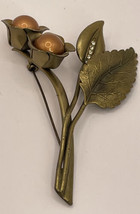 Vtg Large Flower Brooch Pin Brass Tone Faux Pearl Rhinestone  Floral Leaves 4” - £17.42 GBP