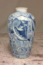 Vintage Blue White Chinese Koi Fish Decorative Vase Pottery 8.25 Tall b - $35.49