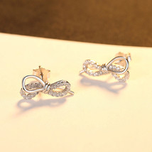 Micro Inlaid Zircon Bow Stud Earrings Gold Mini S925 Silver Love Exquisite - £14.12 GBP