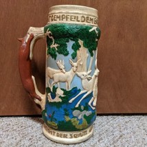 Vtg 11&quot; Ceramic German Mug Stein Men Hunt White Deer With Bows  - £18.01 GBP