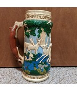 Vtg 11&quot; Ceramic German Mug Stein Men Hunt White Deer With Bows  - $23.33