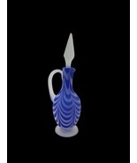 Vintage Cruet Satin Drape Feather Nailsea Blue &amp; White Art Glass Footed ... - £36.65 GBP