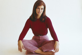 Raquel Welch seated on studio floor 1960's in maroon sweater & pants 18x24 Poste - $23.99