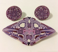 Earrings Pin Brooch Set Purple Pink Polymer Clay Pierced Post Handmade O... - £27.91 GBP