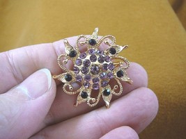 (bb601-24) purple rhinestone crystal ornate scrolled flower gold tone brooch pin - £12.64 GBP