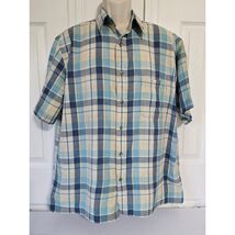 St Johns Bay Madras Shirt Mens Large Blue Plaid Short Sleeve Cotton Butt... - $14.85