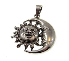 Solid 925 Sterling Silver Stellar Crescent Moon and Sun Faces Cosmic Pendant - £33.88 GBP