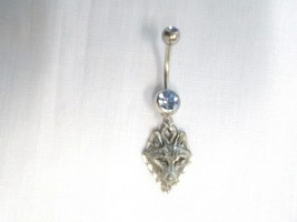 Predator Wolf Head Hand Engraved Edges 14g Baby Blue Cz Belly Ring Barbell - £9.55 GBP