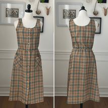 Vintage 70s Button Front Plaid Barkcloth Sleeveless Dress S - $872.35 MXN