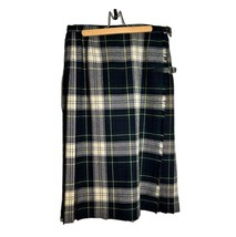 Vtg 70s Custom Pure Wool Wrap Kilt Pleated Green/Blue Tartan Plaid Fringed 28” - $39.50