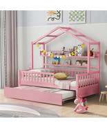 Wooden Twin Size House Bed with Trundle,Kids Bed with Shelf, Pink - £288.77 GBP