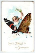 Valentines Day Postcard Tuck Anthropomorphic Girl Flying On Butterfly Fantasy - £12.33 GBP
