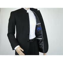 Men Apollo King Banded Collarless suit Mandarin 5 Button Wide leg M5-1 Black image 7