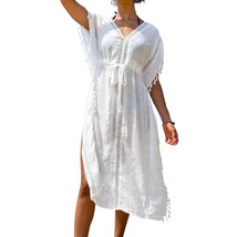 Women&#39;S Cover Up Tassel Trim Belted Midi Length Beachwear,L White - £62.92 GBP
