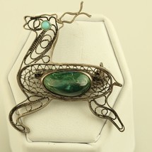 Vintage Sterling 925 Green Eilat Stone Filigree Deer Reindeer Israel Brooch Pin - £43.65 GBP