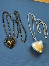 Lot Long Antique Goldtone or Silvertone Chain w Raised or Large Puffy Heart Pend - £10.46 GBP