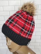 Muk Luks Women&#39;s Pom Cuff Winter Hat Warm Stylish Fleece Lined Red Black Plaid - £5.22 GBP