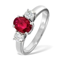 18Carat White Gold Oval Natural Ruby &amp; Diamond Trilogy 3-Stone Ring Hallmarked - £1,297.67 GBP