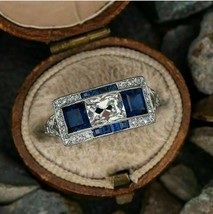 2.00 Ct Emerald Cut CZ Blue Sapphire Art Deco Ring 14k White Gold Plated - £93.41 GBP