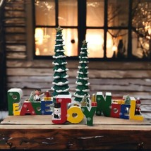 Vtg Giftco Words Of Christmas Wooden Candle Holders &amp; Ceramic Hand Painted Trees - £16.41 GBP