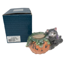 Fitz and Floyd Halloween Pumpkin with Cat Votive Candle Holder w/ Candle &amp; Box - £51.59 GBP