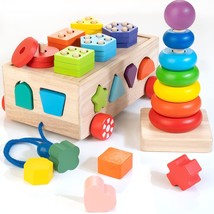 Montessori Toys For 1 2 3 Year Old, Wooden Shape Sorter Stacking Rings Baby Toys - £31.69 GBP