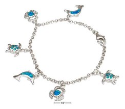 Bracelet Sterling Silver 7&quot; Lab Blue Opal Sea Life Charm Bracelet - £73.41 GBP