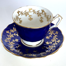 Aynsley Deep Blue No28 Scalloped Border Gold Accent Floral Thistle Teacup Saucer - £46.94 GBP