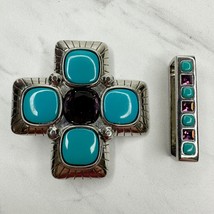 Blue and Purple Studded Silver Tone Cross Belt Buckle with Keeper - £14.99 GBP