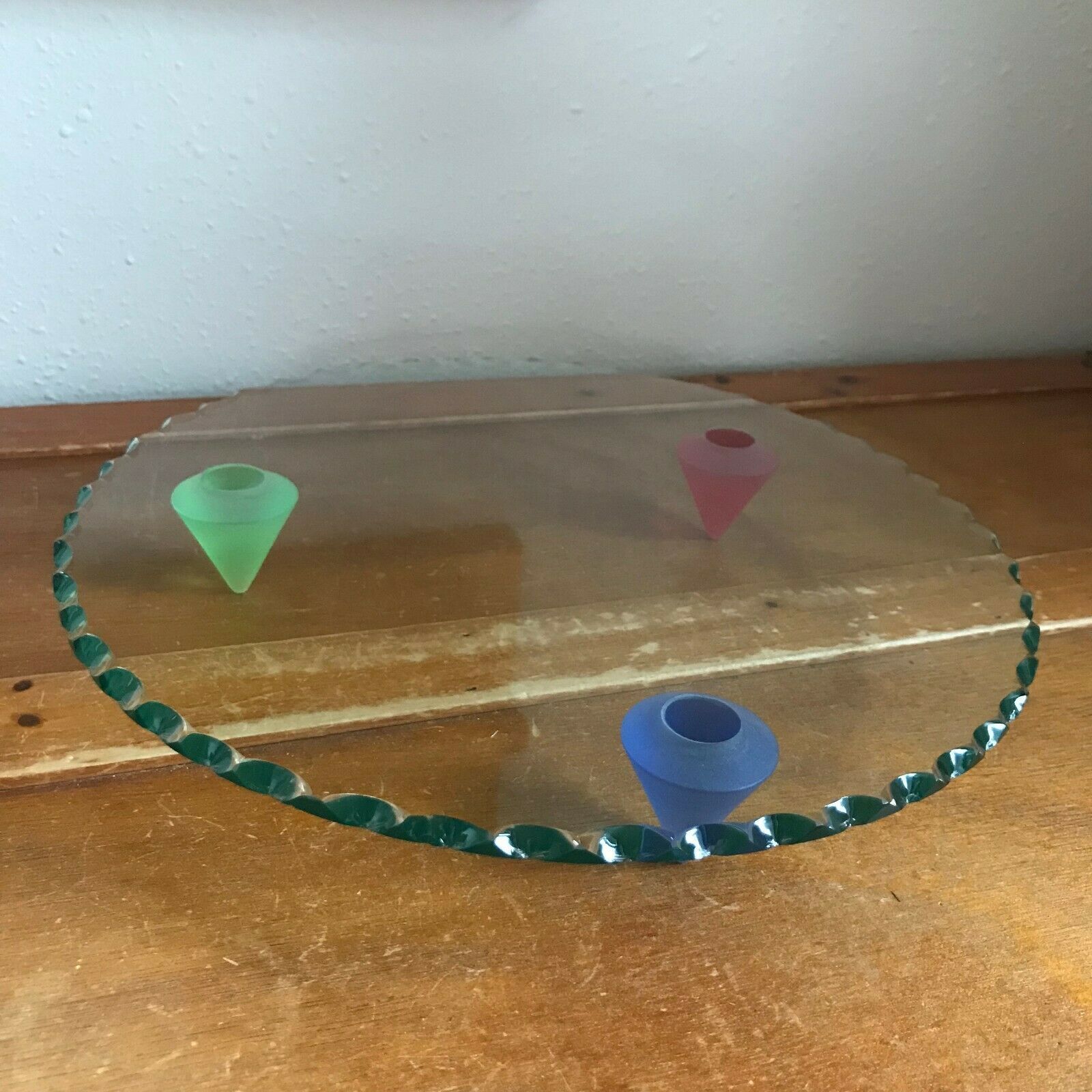Primary image for Estate Unique Clear Round Glass w Scalloped Edges & Thick Colorful Plastic Pyram