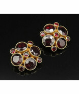 14K GOLD - Vintage Multi Round Garnet Floral Motif Clip Back Earrings - ... - $966.72