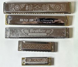 Set Of 5 Pcs Vintage Harmonicas Hohner Brother Golden Cup Piccolo German... - $49.50