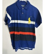 Polo Ralph Lauren Blue Striped Large Yellow Logo Polo Shirt Size Medium - $54.44