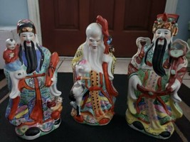 Vintage Chinese Rose Famille Lucky Gods Fu Lu Shou San Xing Porcelain Taoist 15&quot; - £1,199.02 GBP